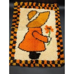 Vintage Complete Holly Hobbie Vintage Girl Flower Latch Hook Rug Orange Brown